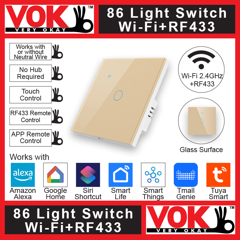 VOK-1004wg1-Smart Wi-Fi RF433 1 Gang Gold Light Switch 86-EU-UK Borderless Glass with LED Indicator-1