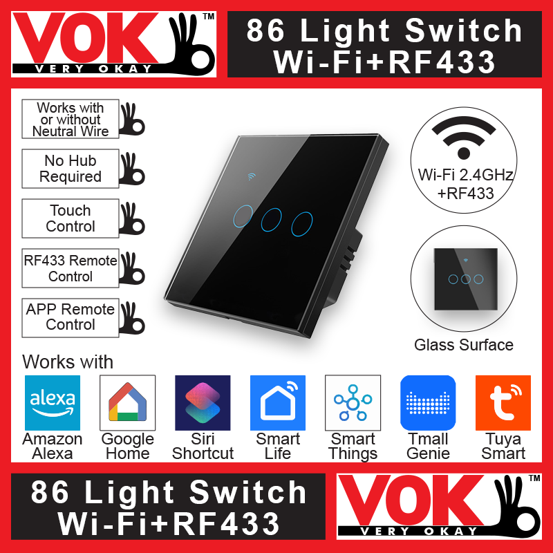 VOK-1006wb3-Smart Wi-Fi RF433 3 Gang Black Light Switch 86-EU-UK Borderless Glass with LED Indicator