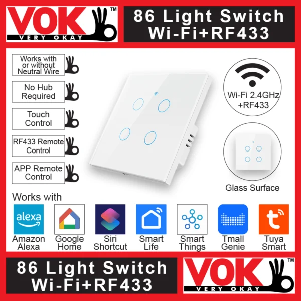 VOK-1007ww4-Smart Wi-Fi RF433 4 Gang White Light Switch 86-EU-UK Borderless Glass with LED Indicator