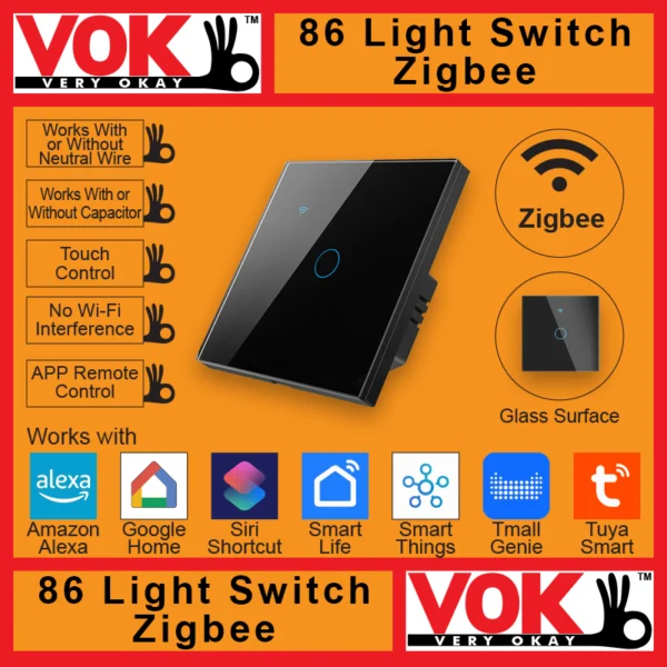 VOK-1008zb1-Smart Zigbee 1 Gang Black Light Switch 86-EU-UK Borderless Glass with LED Indicator