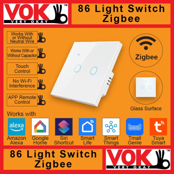 VOK-1009zw2-Smart Zigbee 2 Gang White Light Switch 86-EU-UK Borderless Glass with LED Indicator