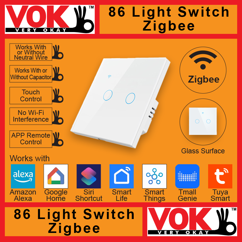 VOK-1009zw2-Smart Zigbee 2 Gang White Light Switch 86-EU-UK Borderless Glass with LED Indicator