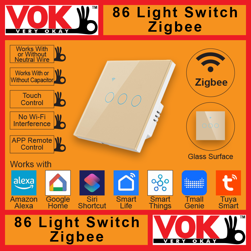 VOK-1010zg3-Smart Zigbee 3 Gang Gold Light Switch 86-EU-UK Borderless Glass with LED Indicator