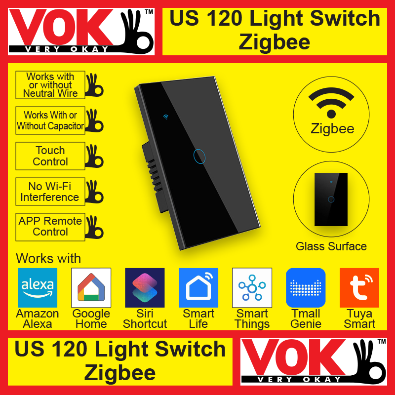 VOK-1016-120zb1-Smart Zigbee 1 Gang Black Light Switch US 120 Borderless Glass with LED Indicator