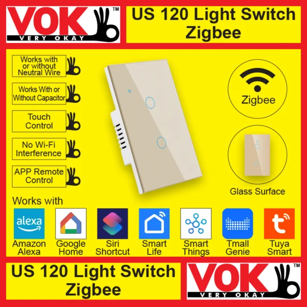 VOK-1017-120zg2-Smart Zigbee 2 Gang Gold Light Switch US 120 Borderless Glass with LED Indicator