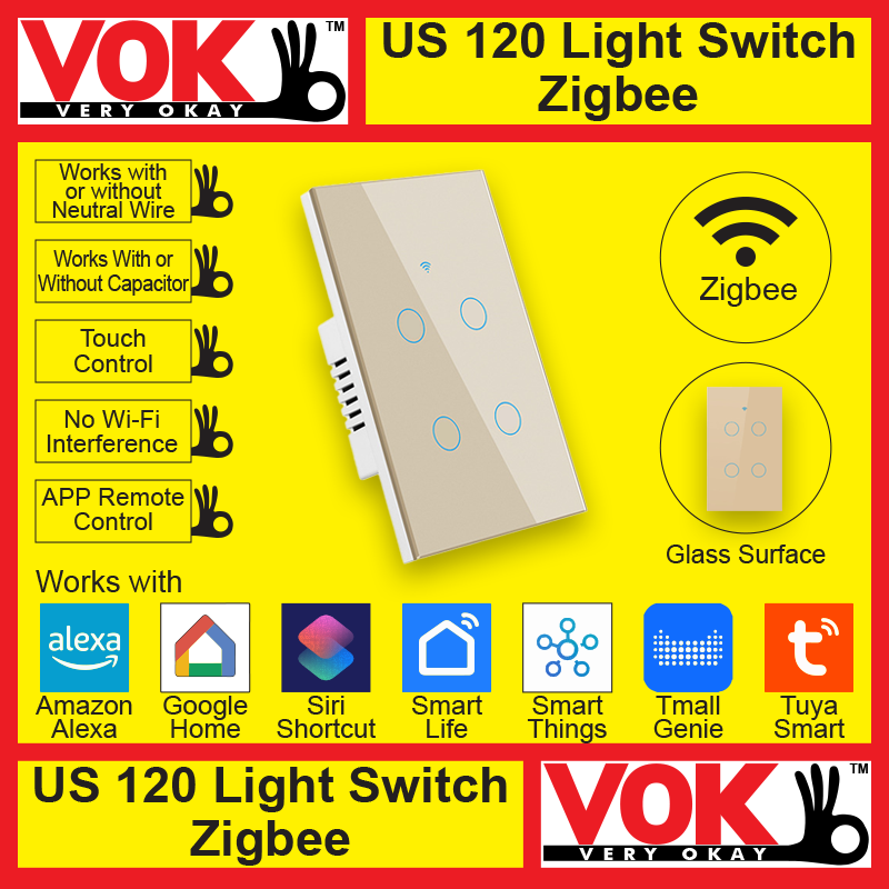 VOK-1019-120zg4-Smart Zigbee 4 Gang Gold Light Switch US 120 Borderless Glass with LED Indicator